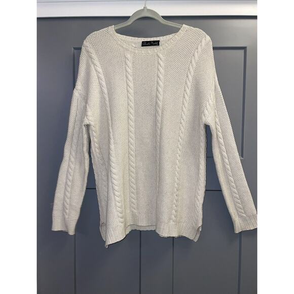 claudia nichole cashmere White Cream Crew Neck Cable Sweater S Fisherman - Picture 1 of 5